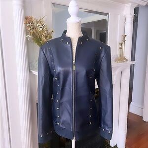 ST JOHN SPORT Navy Blue Lambs Leather & Denim Trim Zip Up Leather Jacket Size L